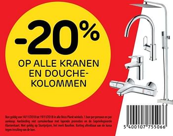 Promoties -20% op alle kranen en douchekolommen - Huismerk - BricoPlanit - Geldig van 13/11/2018 tot 03/12/2018 bij BricoPlanit