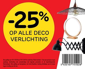 Promotions -25% op alle deco verlichting - Produit maison - BricoPlanit - Valide de 13/11/2018 à 03/12/2018 chez BricoPlanit