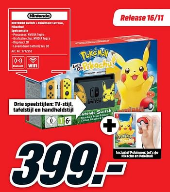 Promoties Nintendo switch + pokémon: let`s go, pikachu! spelconsole - Nintendo - Geldig van 12/11/2018 tot 18/11/2018 bij Media Markt