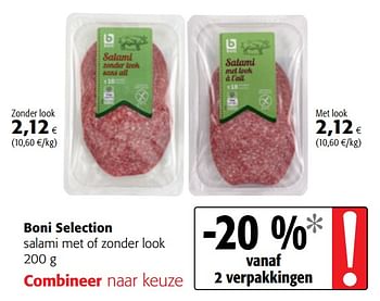 Promoties Boni selection salami met of zonder look - Boni - Geldig van 07/11/2018 tot 20/11/2018 bij Colruyt