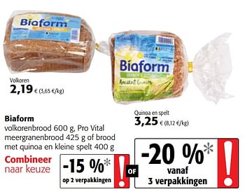 Promoties Biaform volkorenbrood pro vital meergranenbrood of brood met quinoa en kleine spelt - Biaform - Geldig van 07/11/2018 tot 20/11/2018 bij Colruyt