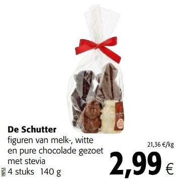 Promoties De schutter figuren van melk-, witte en pure chocolade gezoet met stevia - De Schutter - Geldig van 07/11/2018 tot 20/11/2018 bij Colruyt