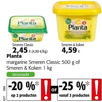 Promoties Planta margarine smeren classic of smeren + koken - Planta - Geldig van 07/11/2018 tot 20/11/2018 bij Colruyt