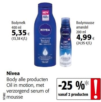 Promoties Nivea body alle producten oil in motion, met verzorgend serum of mousse - Nivea - Geldig van 07/11/2018 tot 20/11/2018 bij Colruyt