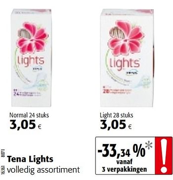 Promoties Tena lights volledig assortiment - Tena - Geldig van 07/11/2018 tot 20/11/2018 bij Colruyt