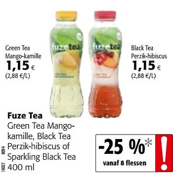 Promoties Fuze tea green tea mangokamille, black tea perzik-hibiscus of sparkling black tea - FuzeTea - Geldig van 07/11/2018 tot 20/11/2018 bij Colruyt