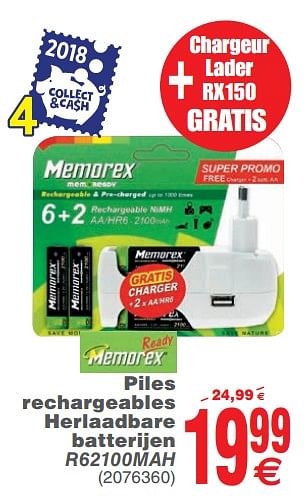 Promotions Piles rechargeables herlaadbare batterijen r62100mah - Memorex - Valide de 13/11/2018 à 26/11/2018 chez Cora