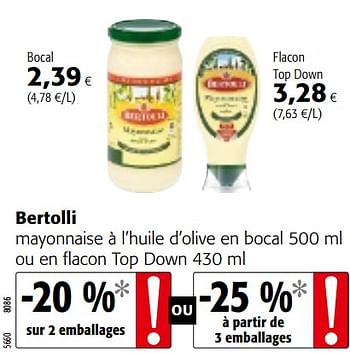 Promotions Bertolli mayonnaise à l`huile d`olive en bocal ou en flacon top down - Bertolli - Valide de 07/11/2018 à 20/11/2018 chez Colruyt
