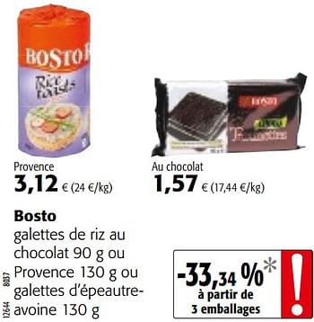 Promotions Bosto galettes de riz au chocolat ou provence ou galettes d`épeautreavoine - Bosto - Valide de 07/11/2018 à 20/11/2018 chez Colruyt