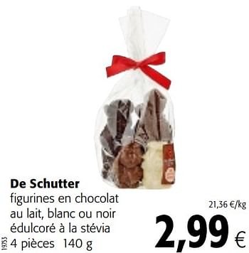 Promotions De schutter figurines en chocolat au lait, blanc ou noir édulcoré à la stévia - De Schutter - Valide de 07/11/2018 à 20/11/2018 chez Colruyt