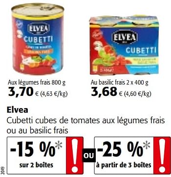 Promotions Elvea cubetti cubes de tomates aux légumes frais ou au basilic frais - Elvea - Valide de 07/11/2018 à 20/11/2018 chez Colruyt