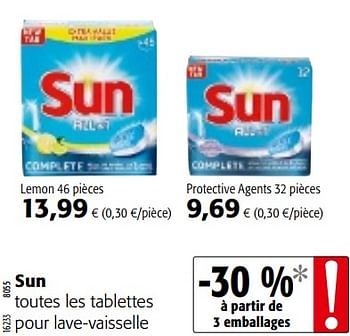 Promotions Sun toutes les tablettes pour lave-vaisselle - Sun - Valide de 07/11/2018 à 20/11/2018 chez Colruyt