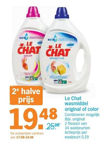 Promoties Original 2 flessen van 34 wasbeurten actieprijs per wasbeurt - Le Chat - Geldig van 12/11/2018 tot 18/11/2018 bij Albert Heijn