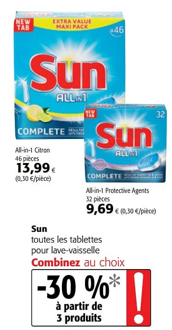 Promotions Sun toutes les tablettes pour lave-vaisselle - Sun - Valide de 07/11/2018 à 20/11/2018 chez Colruyt