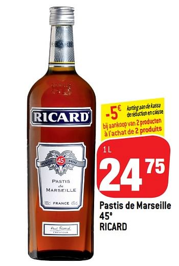 Promoties Pastis de marseille 45° - Ricard - Geldig van 14/11/2018 tot 20/11/2018 bij Match