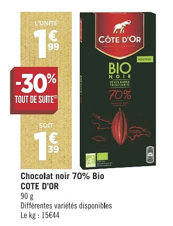 Promotions Chocolat noir 70 bio cote d`or - Cote D'Or - Valide de 13/11/2018 à 25/11/2018 chez Géant Casino