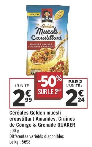 Promotions Céréales golden muesli croustillant amandes, graines de courge + grenade quaker - Quaker - Valide de 13/11/2018 à 25/11/2018 chez Géant Casino