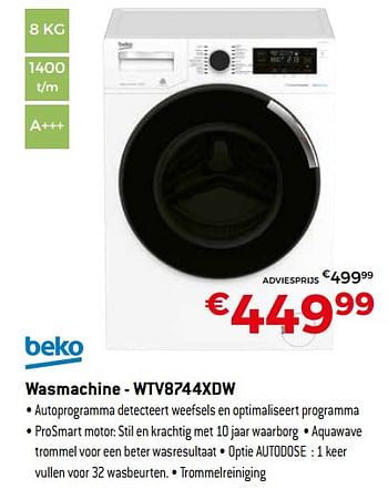 Promoties Beko wasmachine - wtv8744xdw - Beko - Geldig van 16/11/2018 tot 07/12/2018 bij Exellent