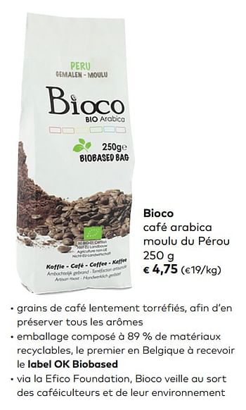 Promotions Bioco café arabica moulu du pérou - Bioco - Valide de 07/11/2018 à 04/12/2018 chez Bioplanet