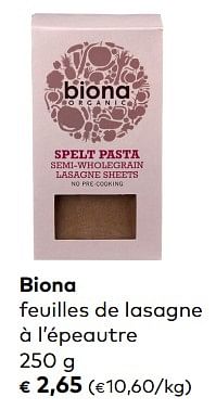 Promotions Biona feuilles de lasagne à l`épeautre - Biona - Valide de 07/11/2018 à 04/12/2018 chez Bioplanet