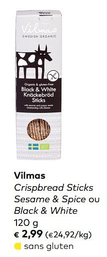 Promotions Vilmas crispbread sticks sesame + spice ou black + white - Vilmas - Valide de 07/11/2018 à 04/12/2018 chez Bioplanet