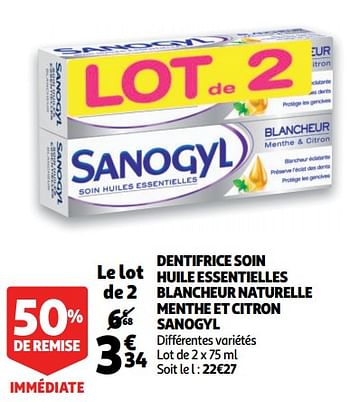 Promotions Dentifrice soin huile essentielles blancheur naturelle menthe et citron sanogyl - SANOGYL - Valide de 14/11/2018 à 20/11/2018 chez Auchan Ronq