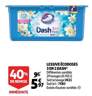 Promoties Lessive écodoses 3 en 1 dash - Dash - Geldig van 14/11/2018 tot 20/11/2018 bij Auchan