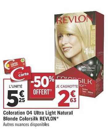 Promotions Coloration 04 ultra light natural blonde colorsilk revlon - Revlon - Valide de 13/11/2018 à 25/11/2018 chez Géant Casino