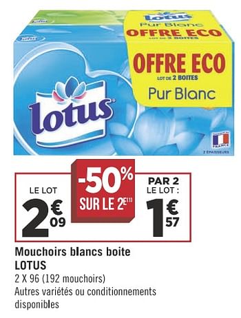 Promoties Mouchoirs blancs boite lotus - Lotus Nalys - Geldig van 13/11/2018 tot 25/11/2018 bij Géant Casino