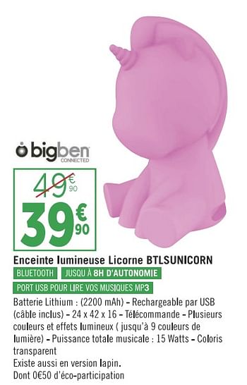 Promoties Bigben enceinte lumineuse licorne btlsunicorn - BIGben - Geldig van 13/11/2018 tot 25/11/2018 bij Géant Casino