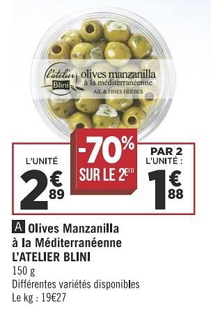 Promotions Olives manzanilla à la méditerranéenne l`atelier blini - L’Atelier Blini - Valide de 13/11/2018 à 25/11/2018 chez Géant Casino