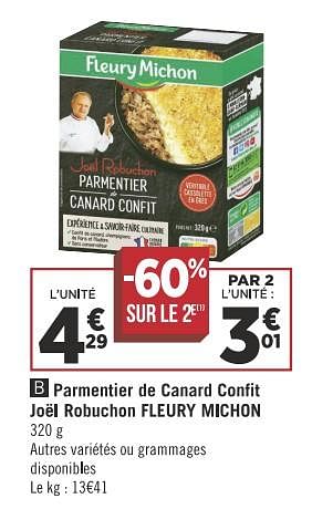 Promoties Parmentier de canard confit joël robuchon fleury michon - Fleury Michon - Geldig van 13/11/2018 tot 25/11/2018 bij Géant Casino