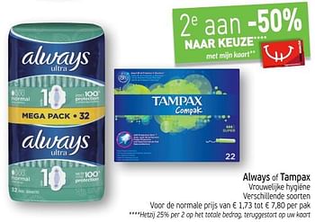 Promoties Always of tampax norrnal vrouwelijke hygiène - Huismerk - Intermarche - Geldig van 20/11/2018 tot 25/11/2018 bij Intermarche