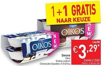 Promotions Danone oikos griekse yoghurt cheesecake blauwbes of tiramisu - Danone - Valide de 20/11/2018 à 25/11/2018 chez Intermarche