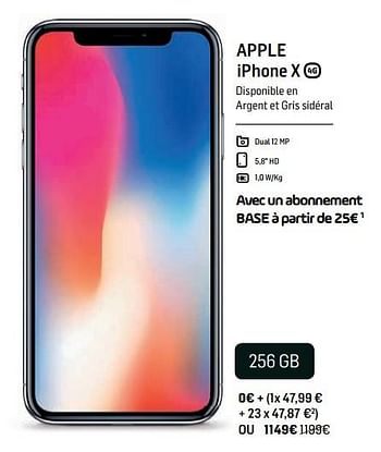 Promotions Apple iphone x 256 gb - Apple - Valide de 14/11/2018 à 04/12/2018 chez Base