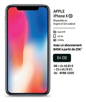 Promotions Apple iphone x 64 gb - Apple - Valide de 14/11/2018 à 04/12/2018 chez Base