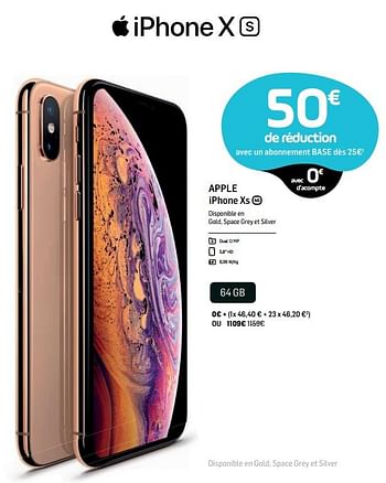 Promotions Apple iphone xs 64 gb - Apple - Valide de 14/11/2018 à 04/12/2018 chez Base