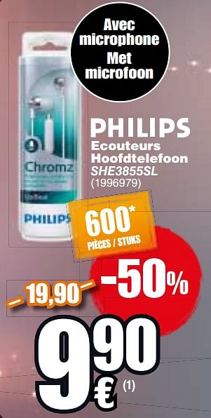 Promoties Philips ecouteurs hoofdtelefoon she3855sl - Philips - Geldig van 20/11/2018 tot 03/12/2018 bij Cora