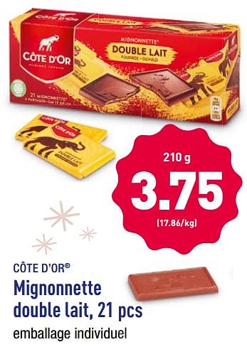 Promotions Mignonnette double lait - Cote D'Or - Valide de 19/11/2018 à 24/11/2018 chez Aldi