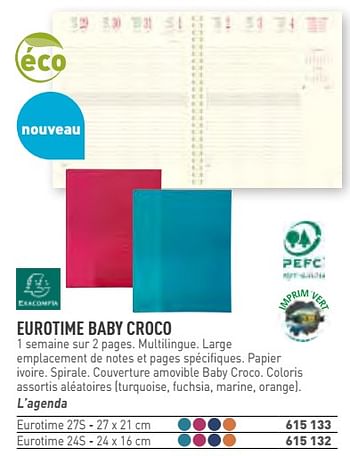 Promotions Eurotime baby croco l`agenda eurotime 27s - 27 x 21 cm - Exacompta - Valide de 01/11/2018 à 31/01/2019 chez Hyper Buro