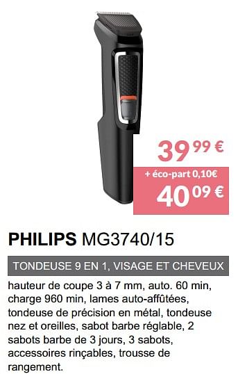 Promotions Philips tondeuse multi-usages mg3740-15 - Philips - Valide de 01/11/2018 à 31/03/2019 chez Copra