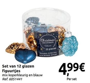 Promoties Set van 12 glazen figuurtjes mix koperkleurig en blauw - Huismerk - Carrefour  - Geldig van 24/11/2018 tot 31/12/2018 bij Carrefour