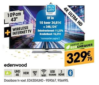 Promoties Edenwood led tv uhd 4k 43` ed4304uhd - Edenwood  - Geldig van 28/11/2018 tot 11/12/2018 bij Electro Depot