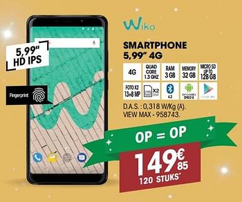Promoties Wiko smartphone 5,99`` 4g - Wiko - Geldig van 28/11/2018 tot 11/12/2018 bij Electro Depot