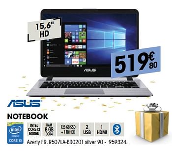 Promoties Asus notebook r507la-br020t silver 90 - Asus - Geldig van 28/11/2018 tot 11/12/2018 bij Electro Depot