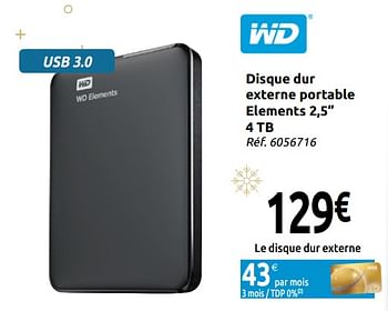 Promotions Disque dur externe portable elements 2,5 4 tb - Western Digital - Valide de 24/11/2018 à 31/12/2018 chez Carrefour