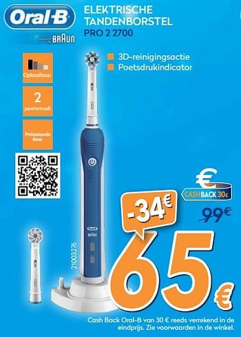 Promoties Oral-b elektrische tandenborstel pro 2 2700 - Oral-B - Geldig van 03/12/2018 tot 31/12/2018 bij Krefel