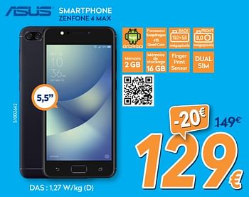 Promotions Asus smartphone zenfone 4 max - Asus - Valide de 28/11/2018 à 28/12/2018 chez Krefel