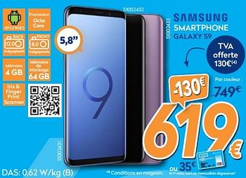 Promotions Samsung smartphone galaxy s9 - Samsung - Valide de 28/11/2018 à 28/12/2018 chez Krefel