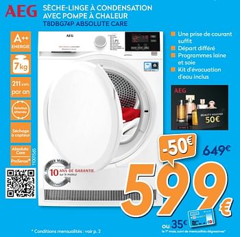 Promotions Aeg sèche-linge à condensation avec pompe à chaleur t8dbg74p - AEG - Valide de 28/11/2018 à 28/12/2018 chez Krefel
